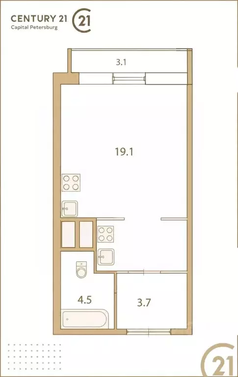 Студия Санкт-Петербург ул. Среднерогатская, 9 (27.3 м) - Фото 2