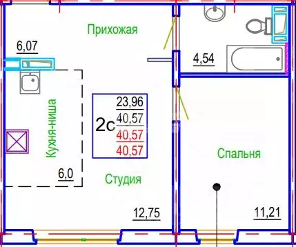 2-к кв. челябинская область, челябинск ул. блюхера, 123 (40.57 м) - Фото 1