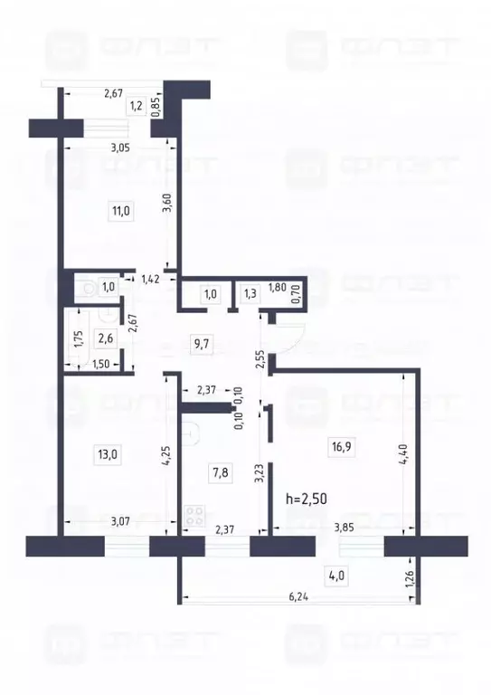 3-к кв. Татарстан, Казань ул. Рихарда Зорге, 113 (65.1 м) - Фото 1