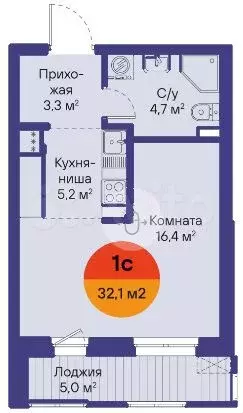 Квартира-студия, 32,1 м, 1/16 эт. - Фото 1