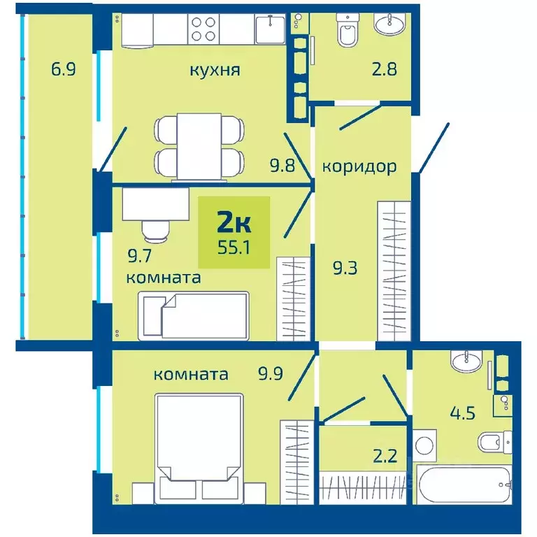 2-к кв. Пермский край, Пермь ул. Старшего Лейтенанта Гачегова (55.1 м) - Фото 0