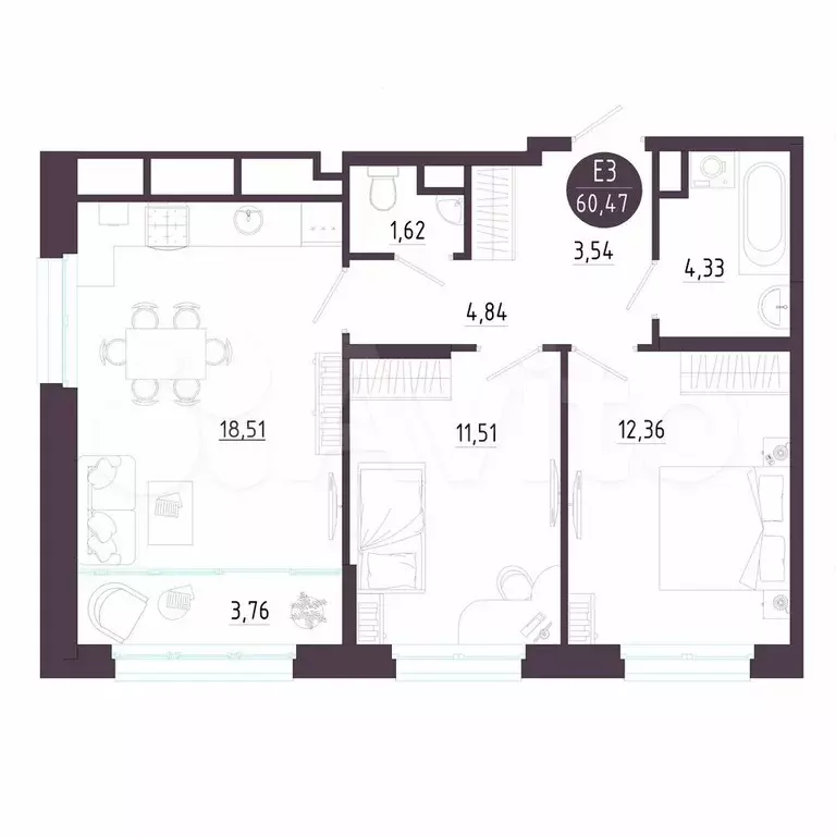 2-к. квартира, 60,5 м, 7/10 эт. - Фото 0