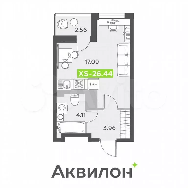 Квартира-студия, 26,4м, 11/13эт. - Фото 1