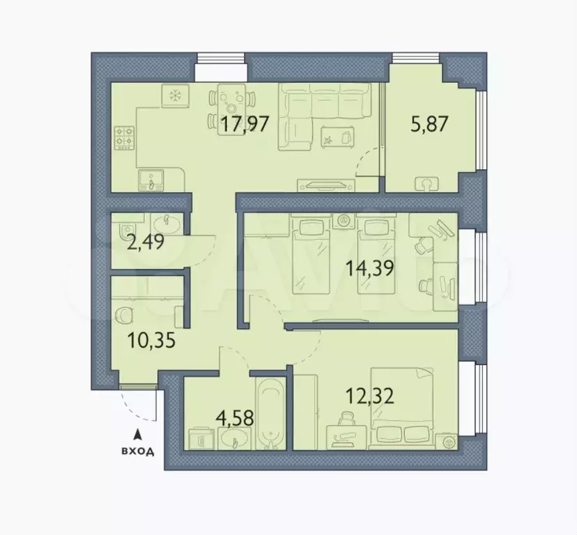 2-к. квартира, 68 м, 3/8 эт. - Фото 1