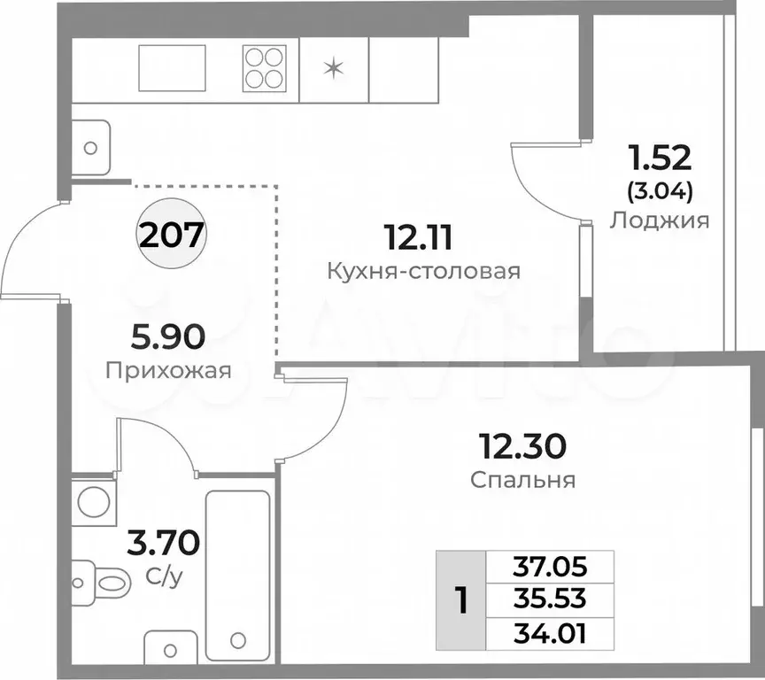 1-к. квартира, 35,5 м, 7/10 эт. - Фото 1