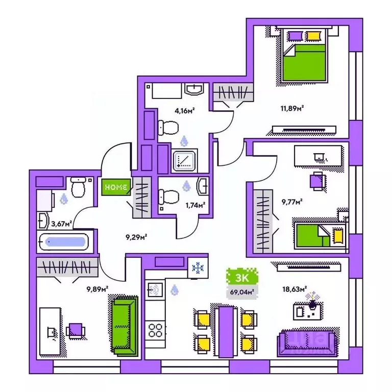 3-к кв. Тюменская область, Тюмень Полевая ул., 93к1 (69.04 м) - Фото 1