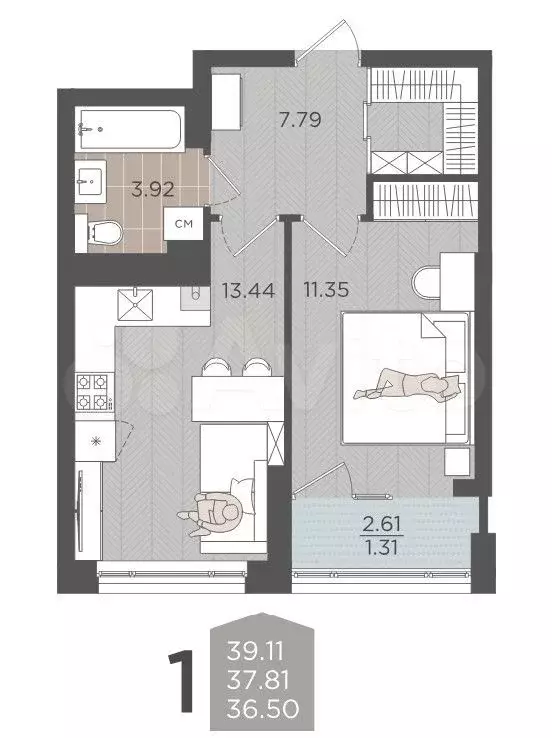 1-к. квартира, 39,1 м, 8/9 эт. - Фото 1