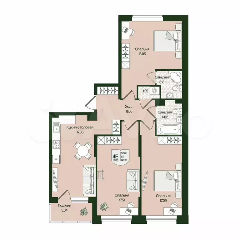 3-к. квартира, 88,8 м, 3/4 эт. - Фото 0