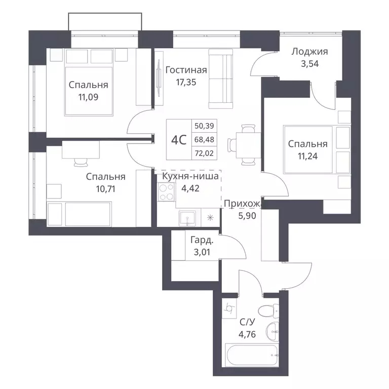 4-к квартира, 68.48 м - Фото 0