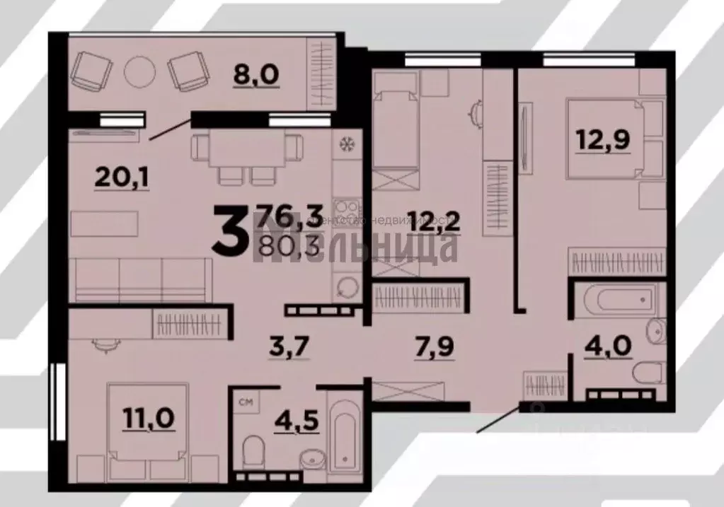 3-к кв. Волгоградская область, Волгоград ул. Глазкова, 14Б (76.5 м) - Фото 1