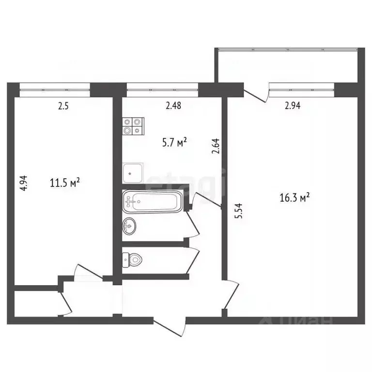 2-к кв. Калужская область, Калуга ул. Кубяка, 13 (43.4 м) - Фото 2
