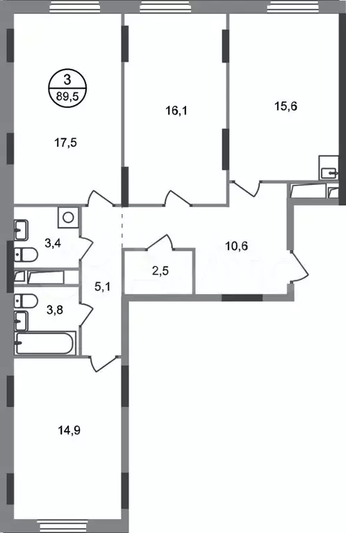 3-к. квартира, 89,5 м, 8/17 эт. - Фото 0