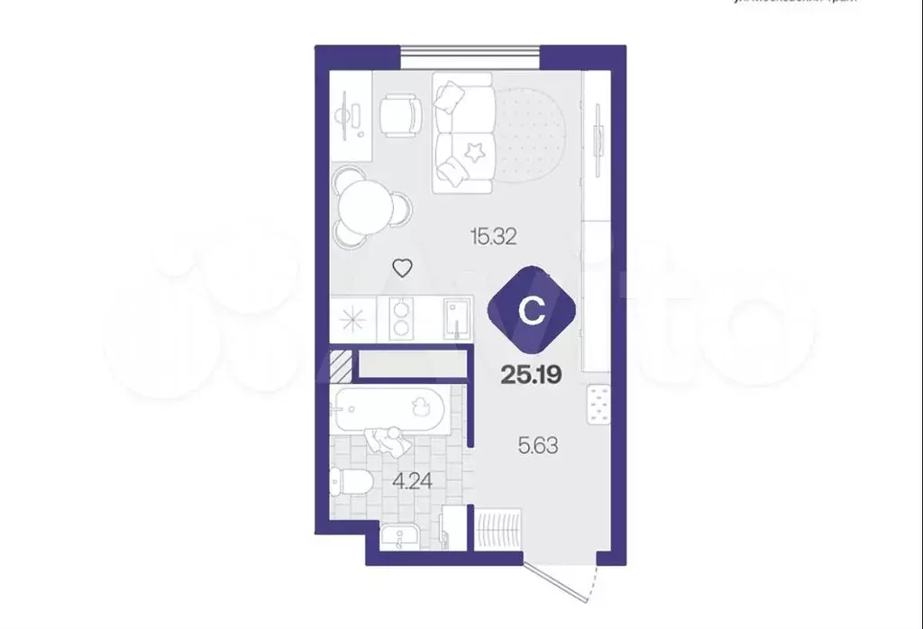 Квартира-студия, 24,6 м, 7/17 эт. - Фото 1