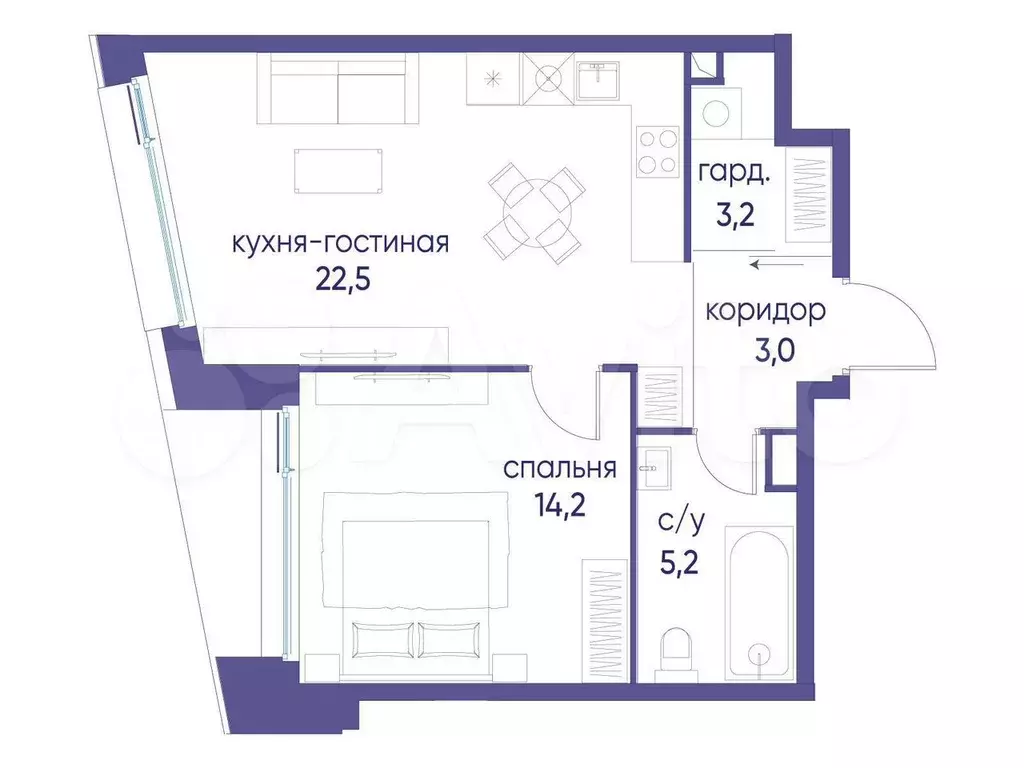 1-к. квартира, 48,1 м, 2/14 эт. - Фото 0