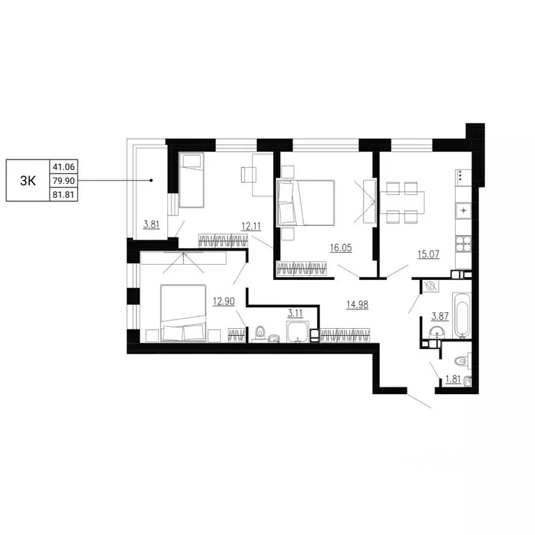 3-к кв. Орловская область, Орел Ломоносов жилой комплекс (81.81 м) - Фото 1