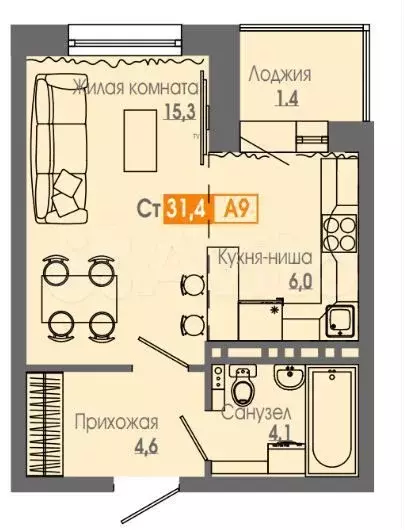 1-к. квартира, 31,1м, 7/16эт. - Фото 0