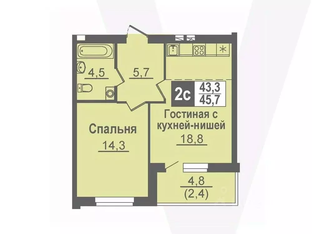 2-к кв. Новосибирская область, Кольцово рп, 5-й мкр  (45.7 м) - Фото 0