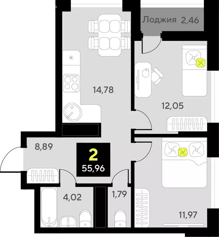 2-комнатная квартира: Тюмень, улица Пожарных и Спасателей, 8 (55.96 м) - Фото 0