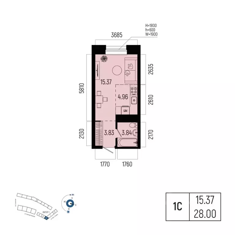 1-к кв. Башкортостан, Уфа Глумилино-1 мкр, Новатор жилой комплекс ... - Фото 0