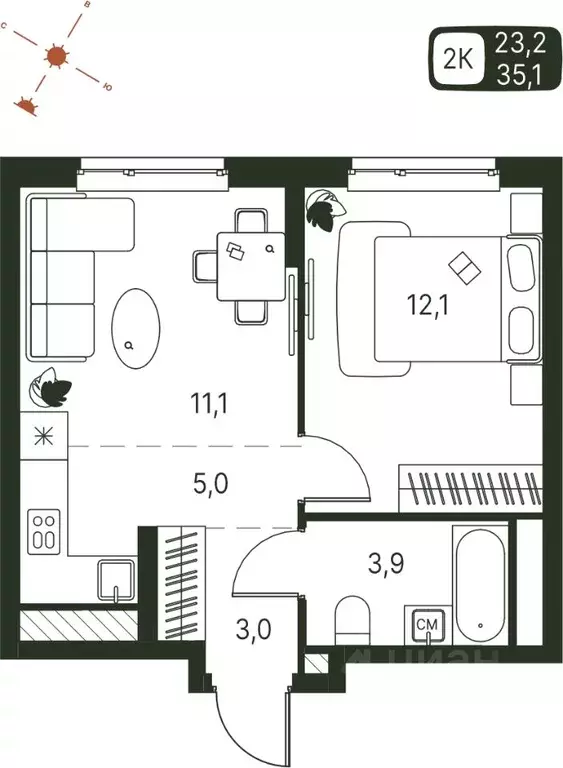 Студия Пермский край, Пермь ул. Серебристая, 1 (35.1 м) - Фото 1