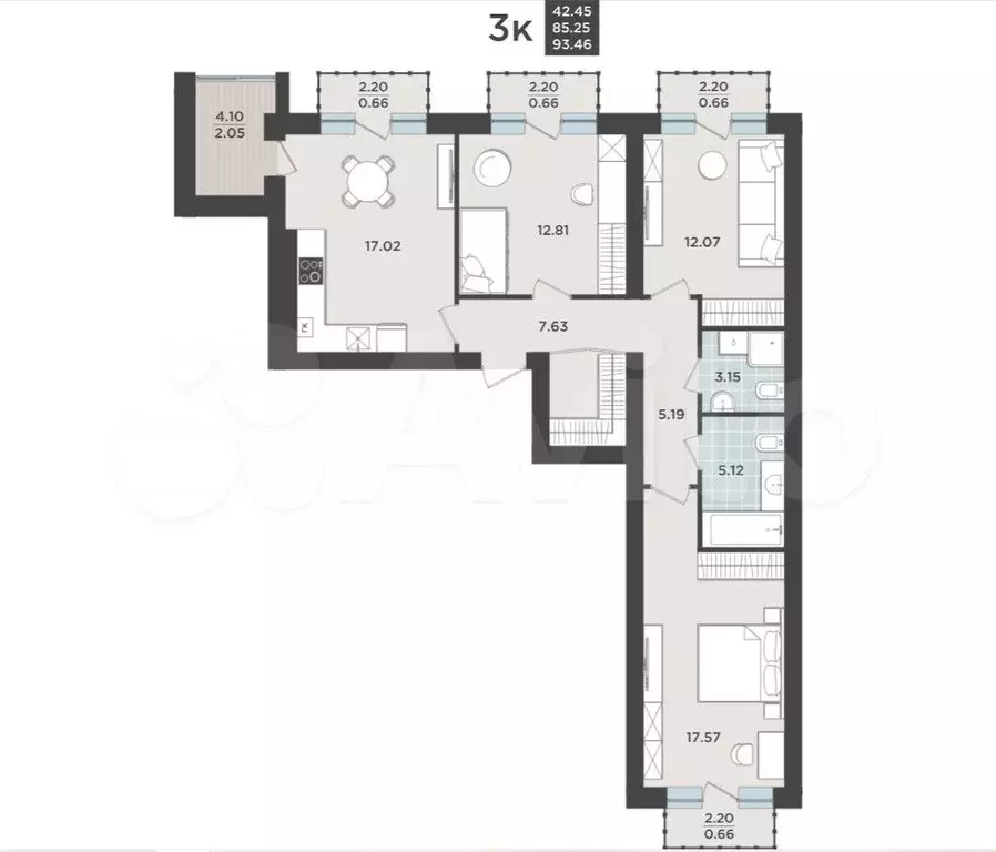 3-к. квартира, 85,3 м, 8/9 эт. - Фото 1