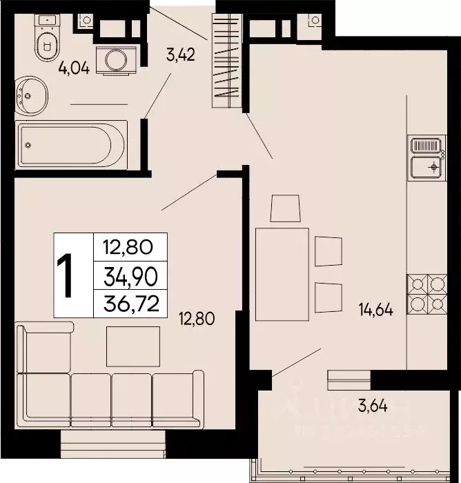 1-к кв. Адыгея, Майкоп 9 Мая ул. (36.72 м) - Фото 1