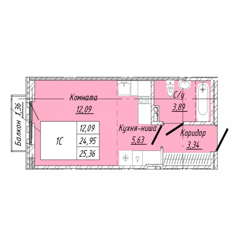 1-к кв. Омская область, Омск ул. 2-я Дачная (25.36 м) - Фото 1