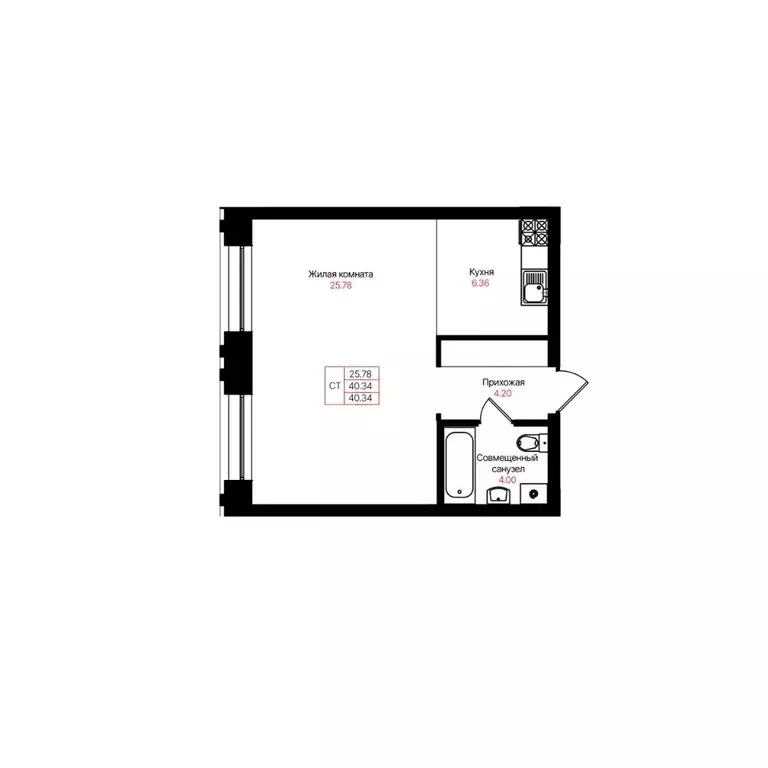 Студия Татарстан, Казань Лето жилой комплекс (40.34 м) - Фото 2