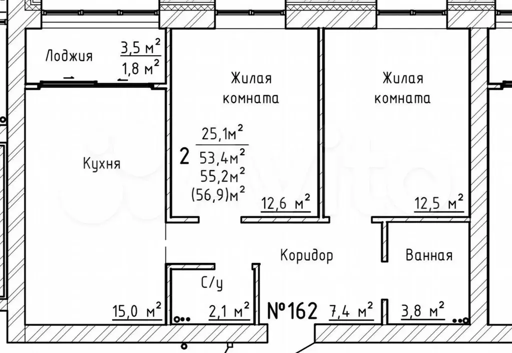 2-к. квартира, 57,3м, 1/6эт. - Фото 1