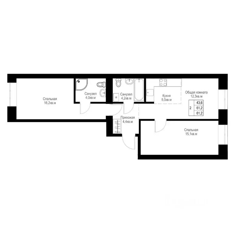 2-к кв. Татарстан, Альметьевск  (61.2 м) - Фото 1