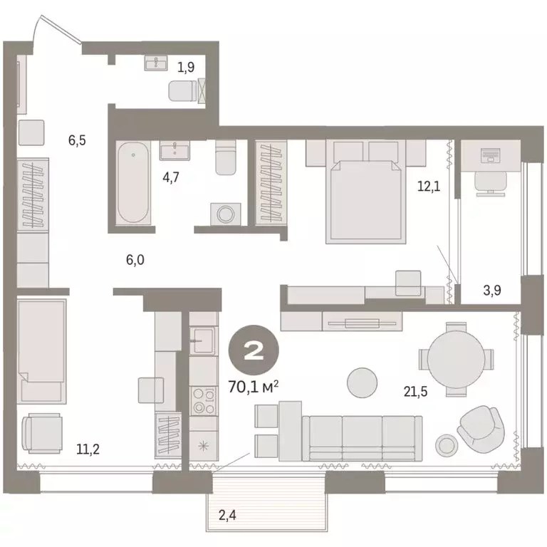 2-комнатная квартира: Тюмень, Краснооктябрьская улица, 4к3 (70.09 м) - Фото 1
