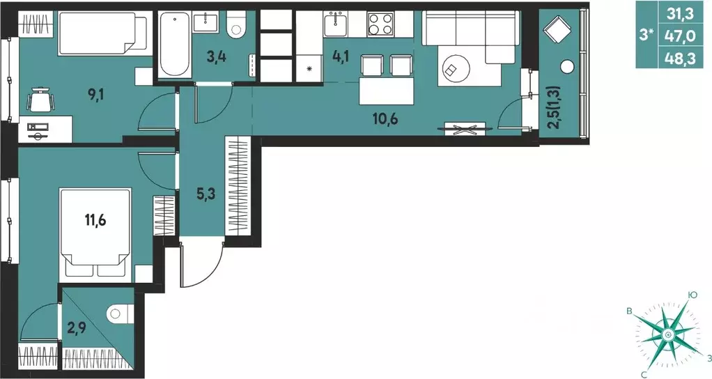 Студия Пермский край, д. Кондратово Мы жилой комплекс (48.3 м) - Фото 1