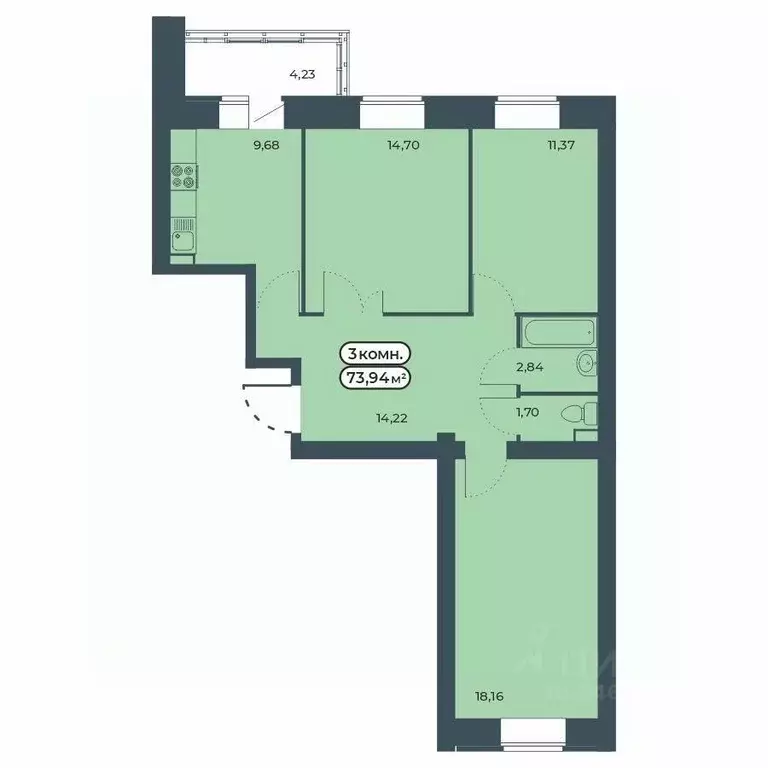 3-к кв. Красноярский край, Красноярск ул. Светлова, 25/1 (73.94 м) - Фото 1