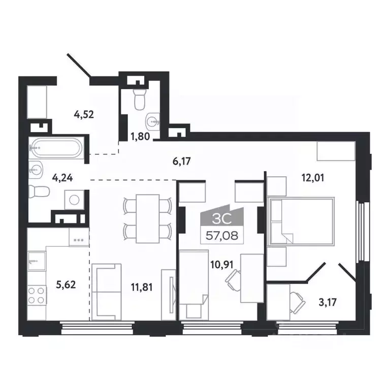 3-к кв. Томская область, Томск Черемошники мкр, ул. Бердская, 14/3 ... - Фото 1