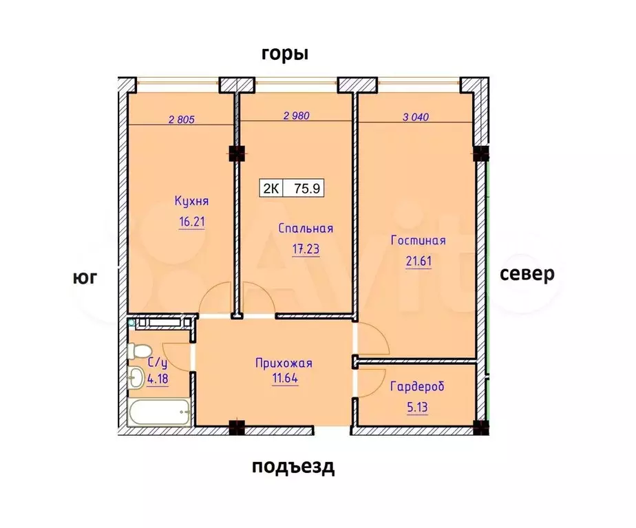 2-к. квартира, 75,9 м, 1/4 эт. - Фото 0