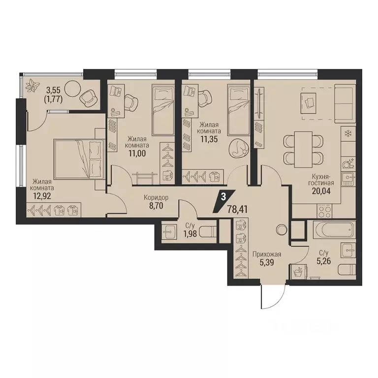 3-к кв. Свердловская область, Екатеринбург просп. Космонавтов, 100 ... - Фото 1