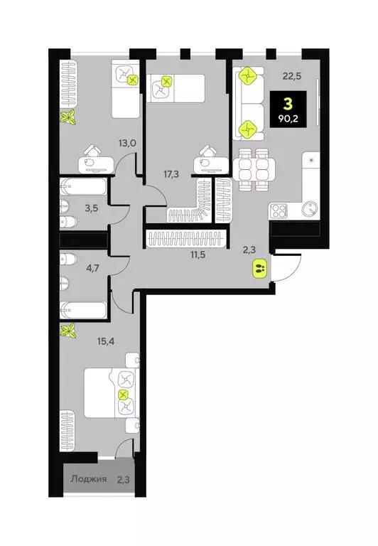 3-комнатная квартира: Тюмень, улица Пожарных и Спасателей, 16 (90.2 м) - Фото 1