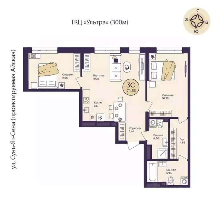 3-к кв. Башкортостан, Уфа Кузнецовский Затон мкр,  (74.53 м) - Фото 1