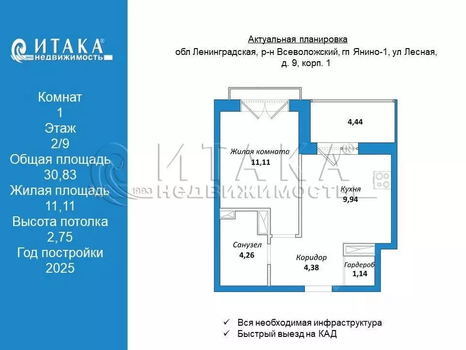 Квартира, 1 комната, 30.83 м - Фото 1