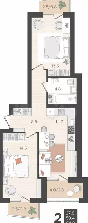 2-к. квартира, 59,4 м, 2/4 эт. - Фото 0