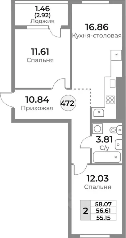 2-к кв. Калининградская область, Калининград Пригородная ул. (56.6 м) - Фото 0