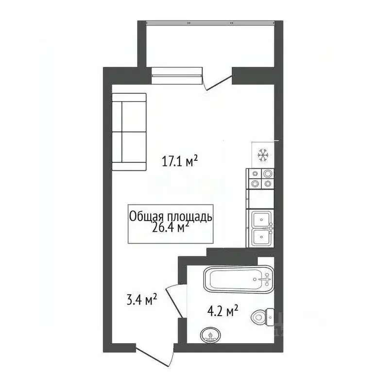 Студия Новосибирская область, Новосибирск Бронная ул., 22/1 (26.4 м) - Фото 1