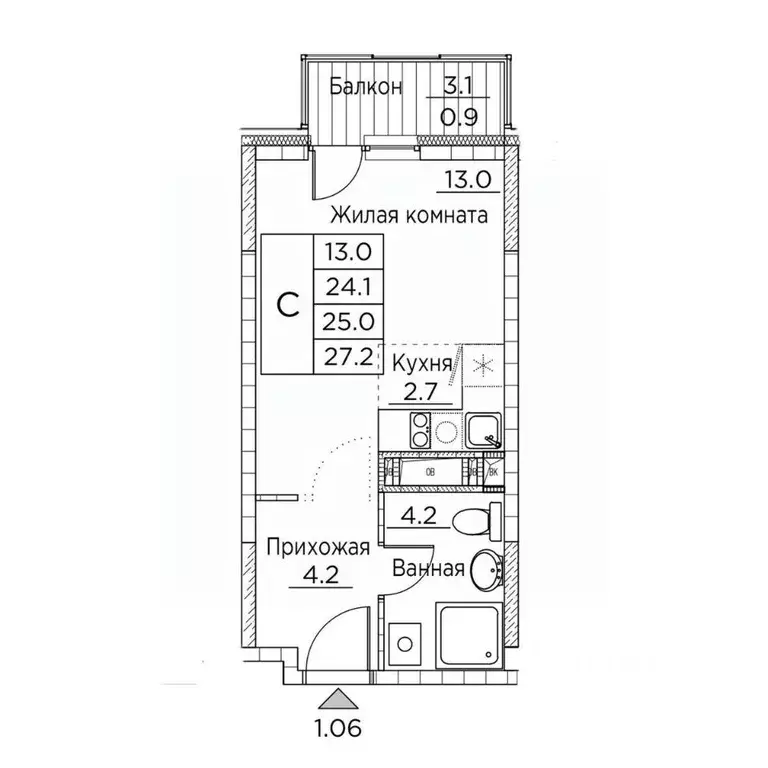 1-к кв. Приморский край, Владивосток ул. Расула Гамзатова, 7к2 (27.2 ... - Фото 1