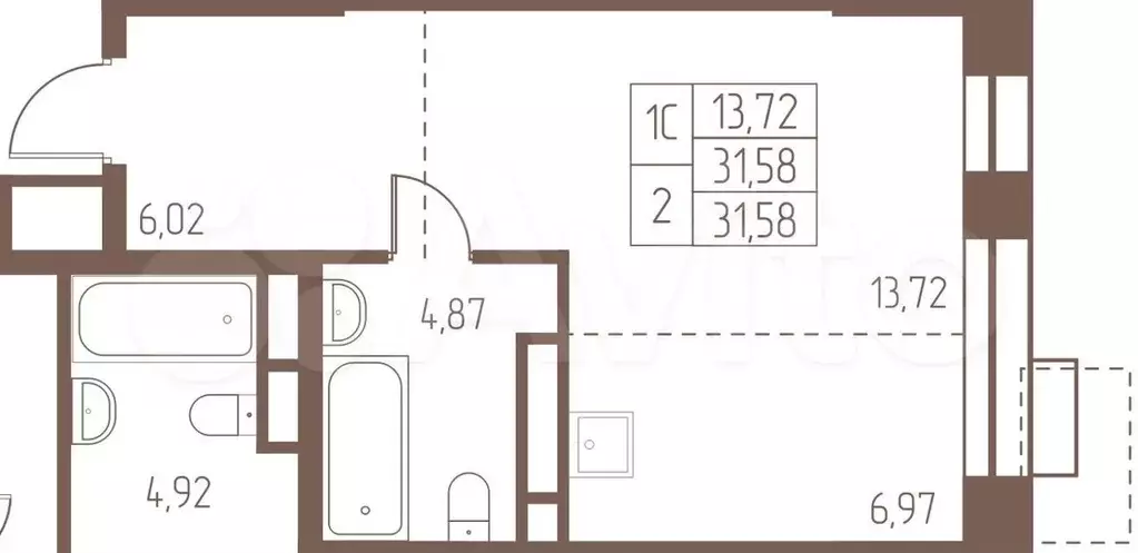 Квартира-студия, 31,6 м, 2/24 эт. - Фото 0