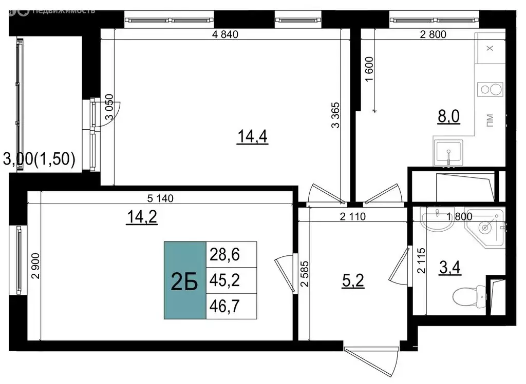 2-комнатная квартира: Одинцово, улица Бзри, к23 (46.7 м) - Фото 0