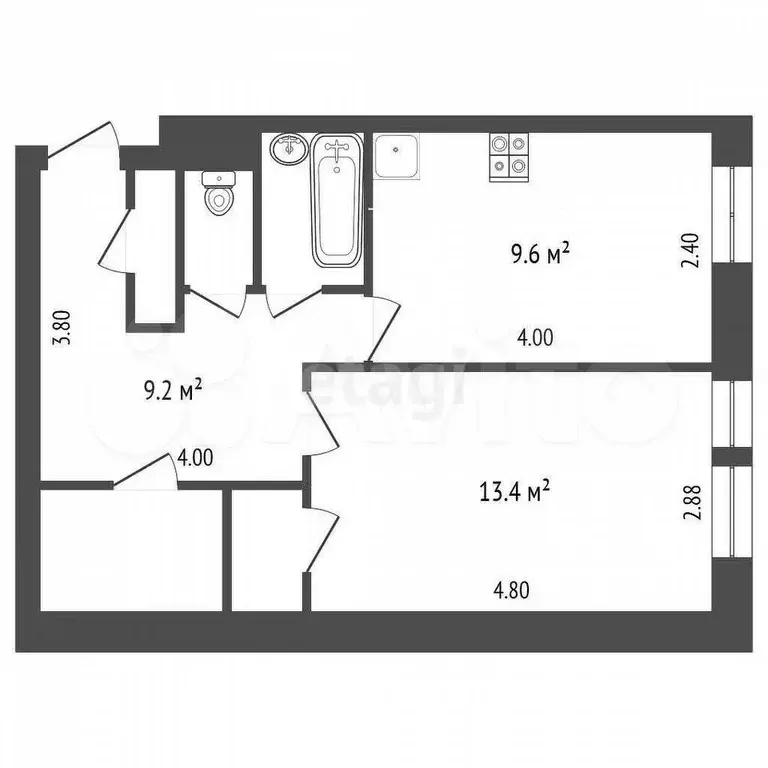 1-к. квартира, 40,8 м, 2/3 эт. - Фото 0