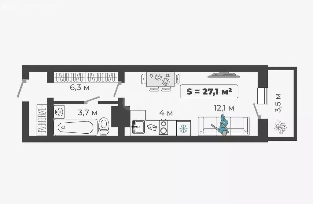 Квартира-студия: Абакан, улица Богдана Хмельницкого, 242 (25.8 м) - Фото 1