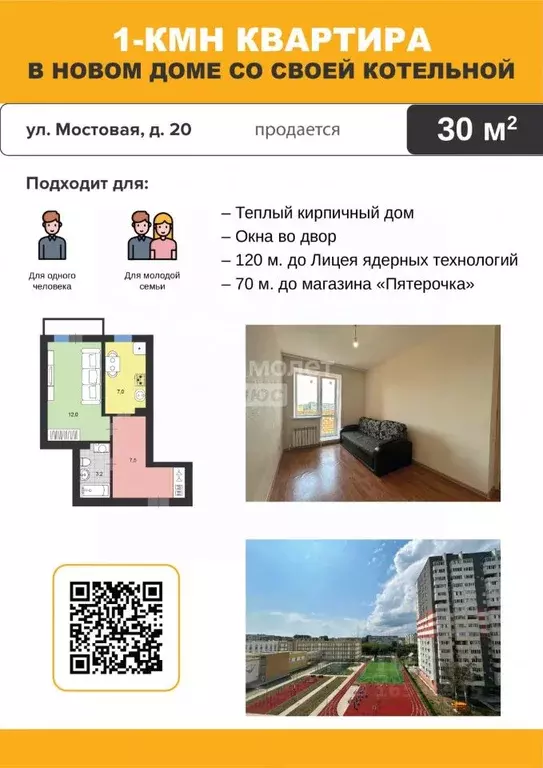 1-к кв. Ульяновская область, Димитровград Мостовая ул., 20 (30.0 м) - Фото 1