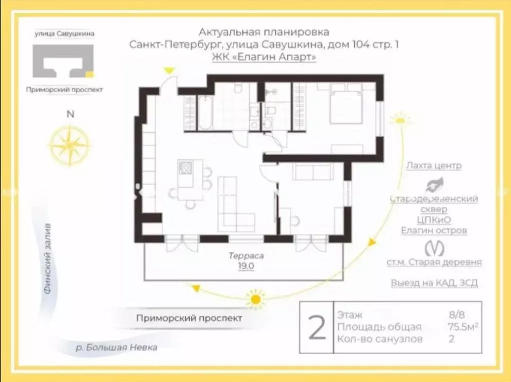 2-к кв. Санкт-Петербург ул. Савушкина, 104 (94.5 м) - Фото 2