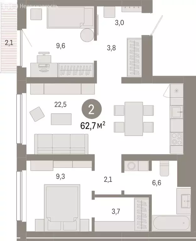 2-комнатная квартира: Новосибирск, Заельцовский район (62.7 м) - Фото 1